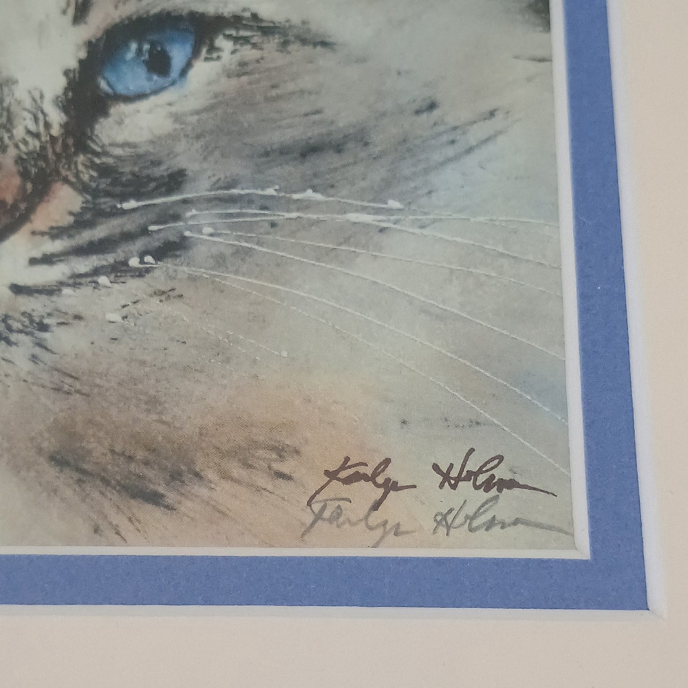 Vintage Signed Framed & Matted White Cat Kitty Print Blue Eyes Ragdoll? 9x9 - Picture 3 of 6
